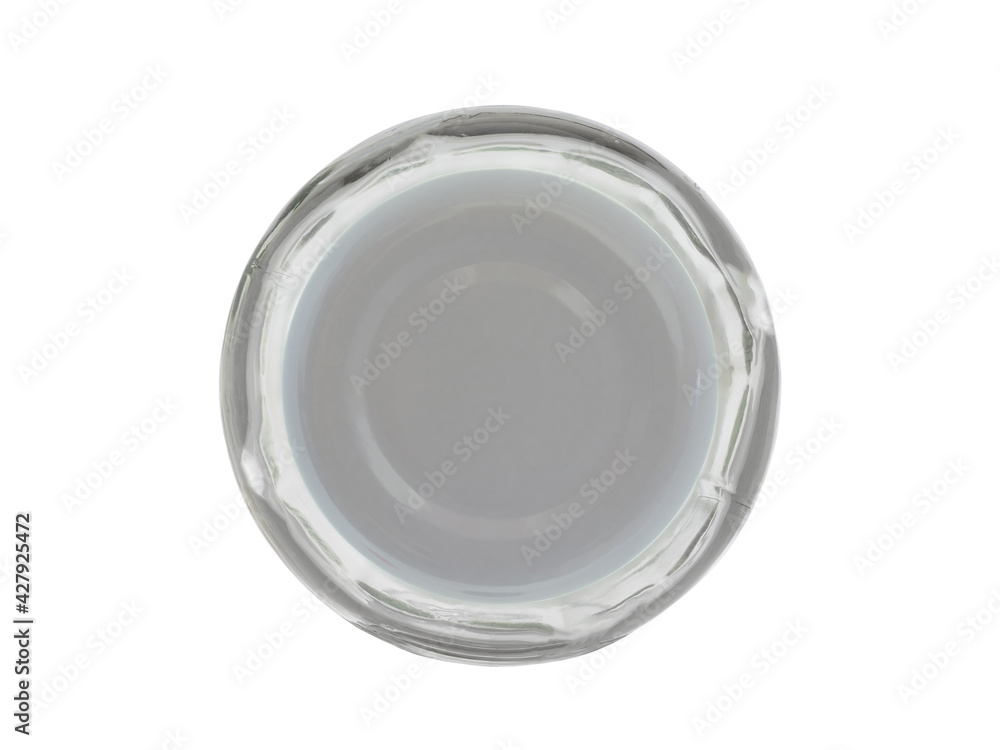 Closed with a metal lid, an empty glass bottle for sauces. Isolated on a white background top view Closed with a metal lid, an empty glass bottle for sauces. Isolated on a white background top view