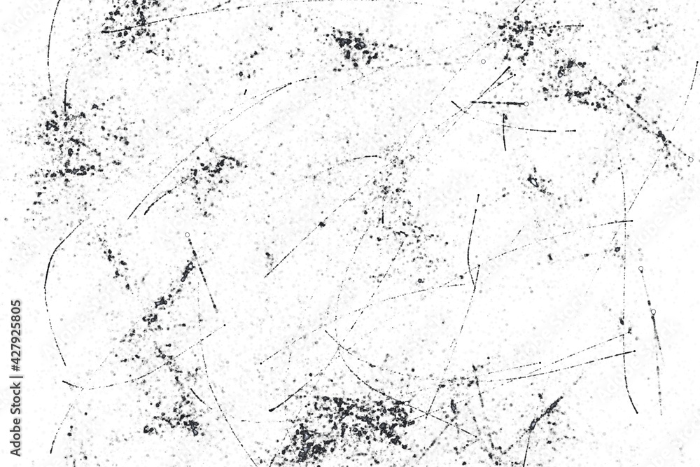 Grunge black and white pattern. Monochrome particles abstract texture. Background of cracks, scuffs, chips, stains, ink spots, lines. Dark design background surface..j
