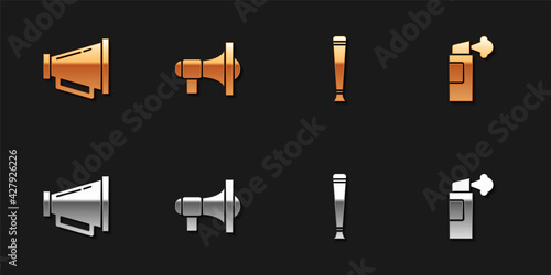 Set Megaphone, , Police rubber baton and Pepper spray icon. Vector