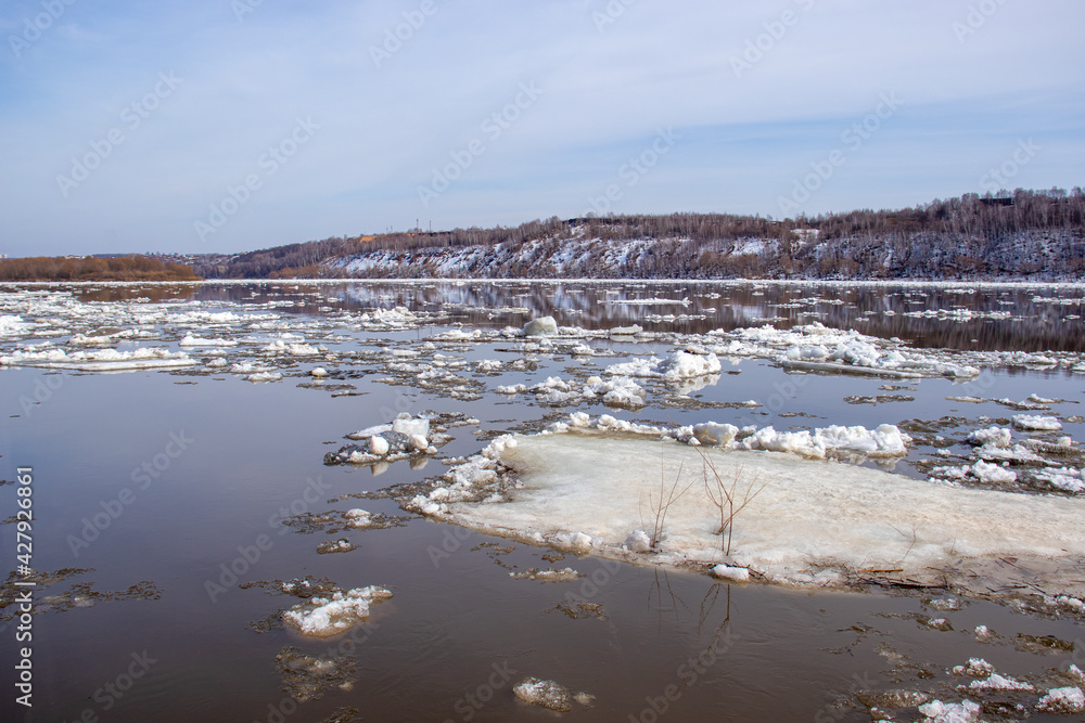 Breaking up the ice on the river. Ice drift on the river. Breaking up the ice on the river. Ice drift on the river.
