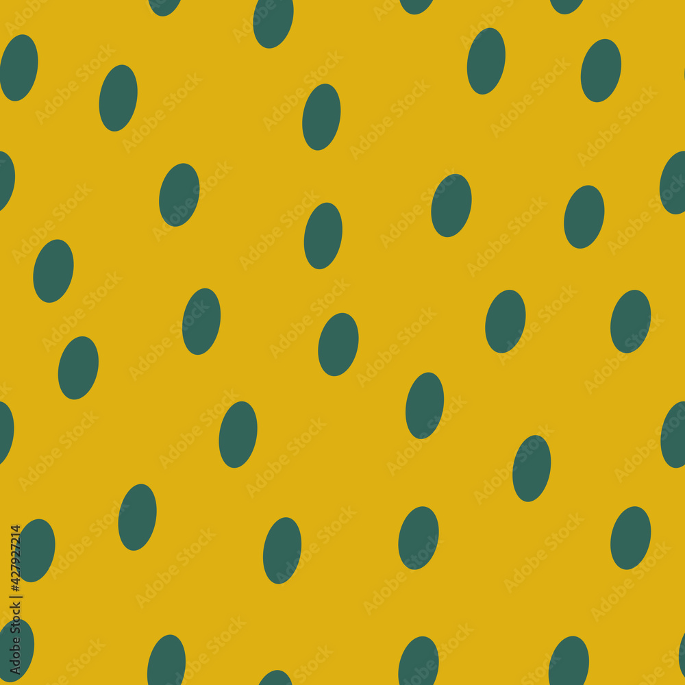 Oval spots. Polka dot fabric. An infinite number of green dots. Seamless yellow pattern for textiles, paper, packaging, curtains, pillows, bedspreads, bed linen. Actual colors. Vector graphics. Oval spots. Polka dot fabric. An infinite number of green dots. Seamless yellow pattern for textiles, paper, packaging, curtains, pillows, bedspreads, bed linen. Actual colors. Vector graphics.