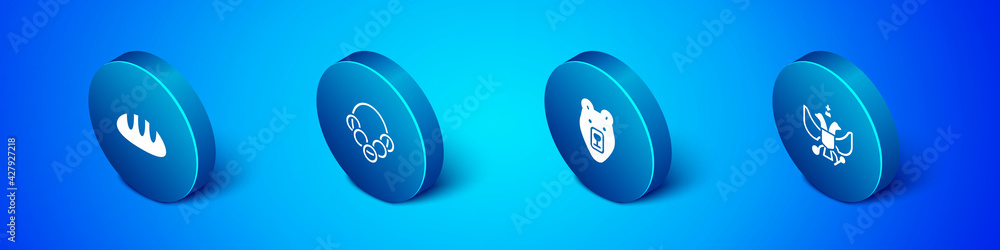 Set Isometric Bread loaf, Bear head, National emblem of Russia and Russian bagels icon. Vector Set Isometric Bread loaf, Bear head, National emblem of Russia and Russian bagels icon. Vector