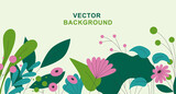 Spring and summer background with plants, leaves and flowers in trendy simple style. Vector flat cartoon illustration