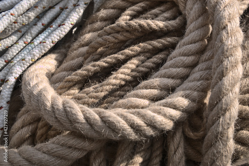 Close-up of the large brown rope knitted.