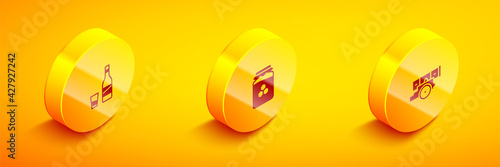 Set Isometric Bottle of vodka with glass, Jar honey and Cannon icon. Vector