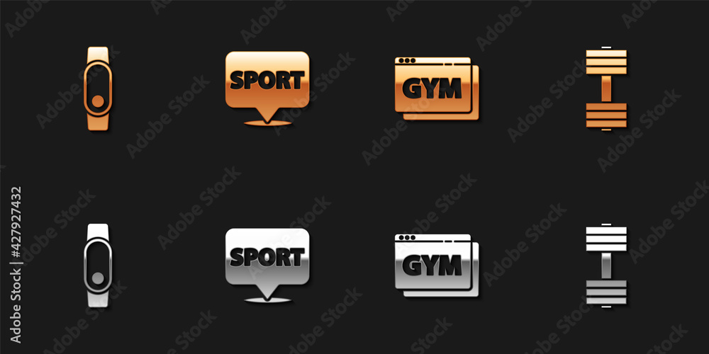Set Smartwatch, Location gym, Online fitness and training and Dumbbell icon. Vector