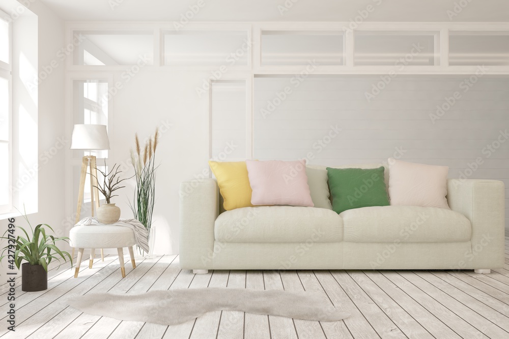 Obraz premium Soft color living room with sofa. Scandinavian interior design. 3D illustration