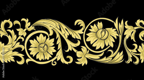 Baroque golden elements. Vintage print on a black background. Vector seamless border. 