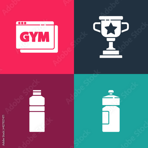 Set pop art Fitness shaker, , Award cup and Online fitness and training icon. Vector