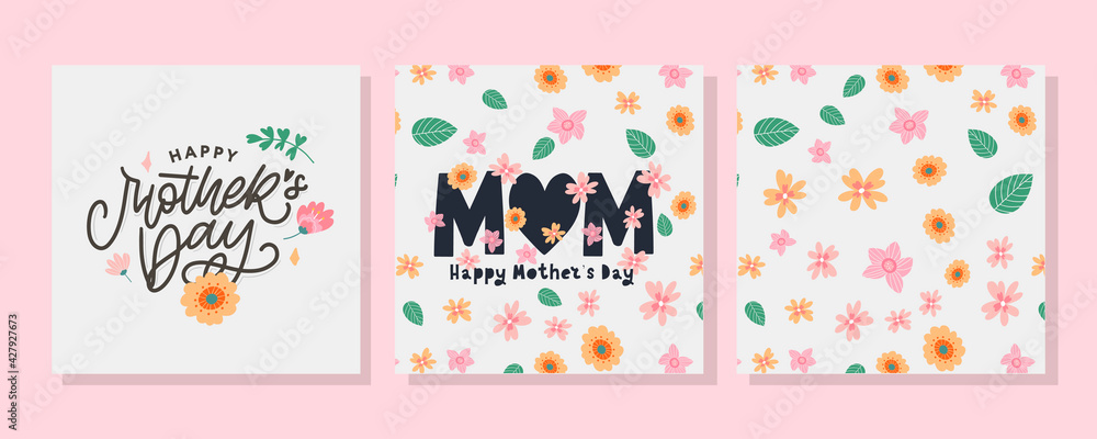 Set cards to the Happy Mother's Day. Calligraphy and lettering. Vector illustration on white background flowers pattern