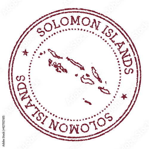 Solomon Islands round rubber stamp with country map. Vintage red passport stamp with circular text and stars, vector illustration.