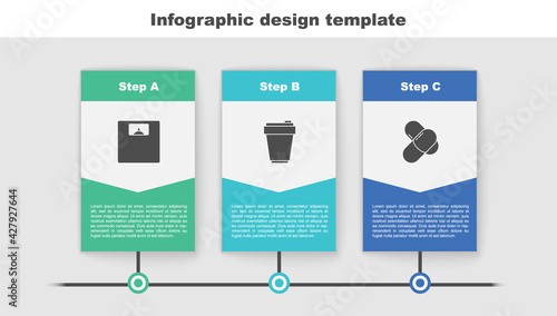 Set Bathroom scales, Fitness shaker and Sports nutrition. Business infographic template. Vector