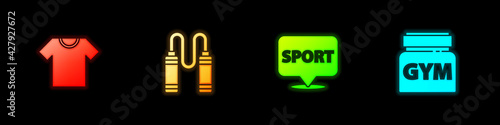 Set T-shirt, Jump rope, Location gym and Sports nutrition icon. Vector