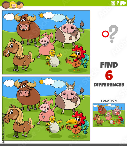 differences educational game with cartoon farm animals