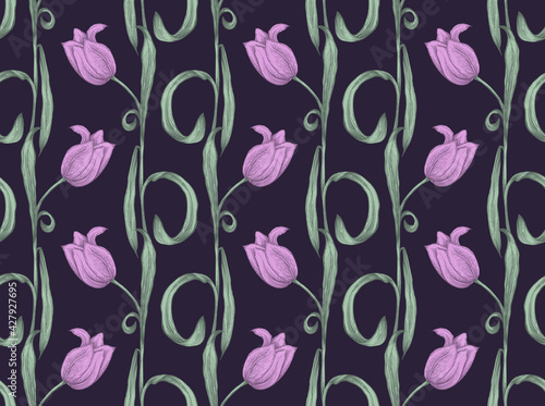 Seamless pattern with purple tulips on a black background. Vintage flowers. © tafiart