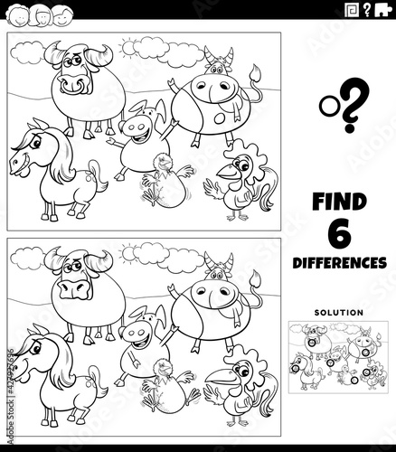 Fototapeta Naklejka Na Ścianę i Meble -  differences game with farm animals coloring book page
