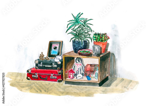 Fotografia Cozy Watercolor still life with vintage suitcases, plants, and many cute little things