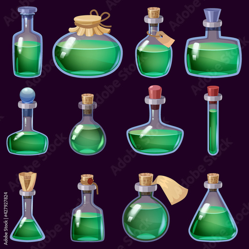 Set of Bottles liquid potion magic elixir colorful . Game icon GUI for app games user interface. Vector illstration isolated cartoon style on black background