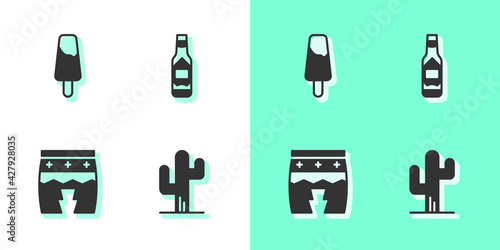 Set Cactus, Popsicle ice cream, Huehuetl and Tabasco sauce icon. Vector