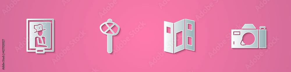 Set paper cut Portrait in museum, Stone age hammer, Museum guide brochure and Photo camera icon. Paper art style. Vector Set paper cut Portrait in museum, Stone age hammer, Museum guide brochure and Photo camera icon. Paper art style. Vector