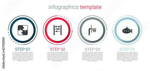 Set Puzzle pieces toy, Abacus, Basketball backboard and Submarine. Business infographic template. Vector