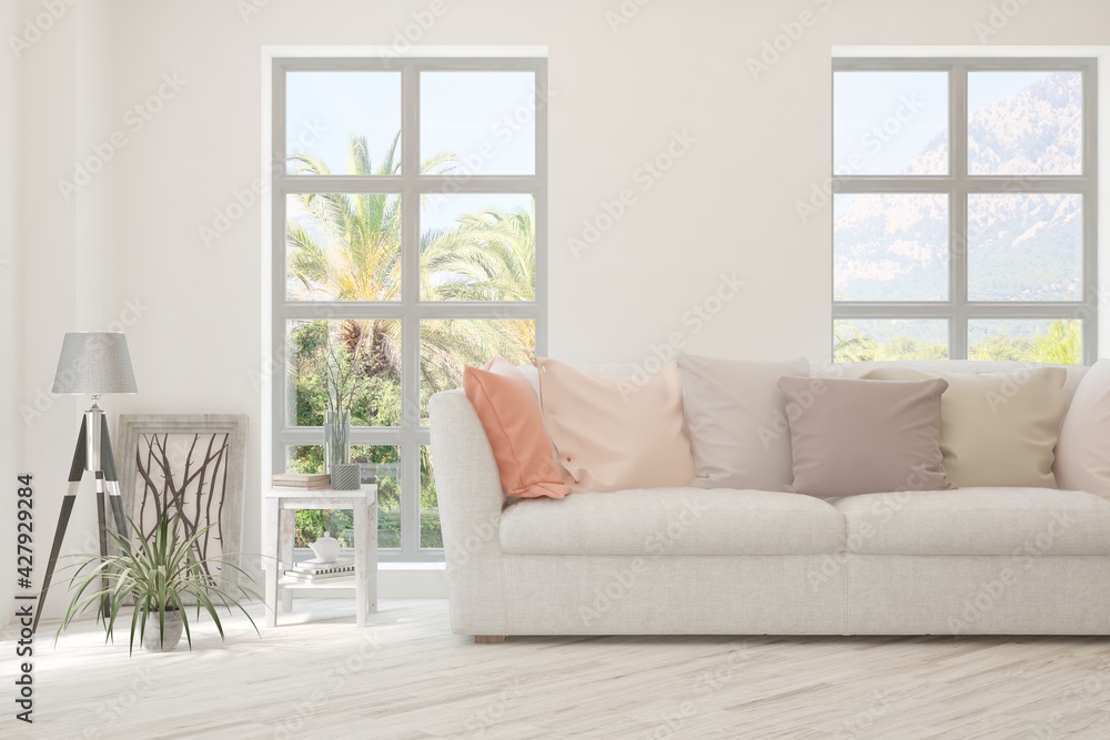 Fototapeta premium White living room with sofa and summer landscape in window. Scandinavian interior design. 3D illustration