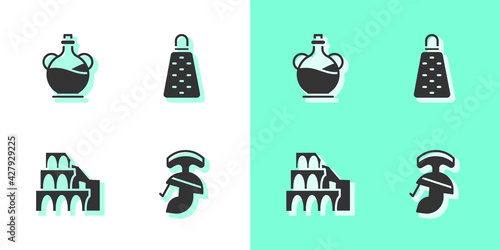 Set Roman army helmet, Bottle of olive oil, Coliseum in Rome and Grater icon. Vector