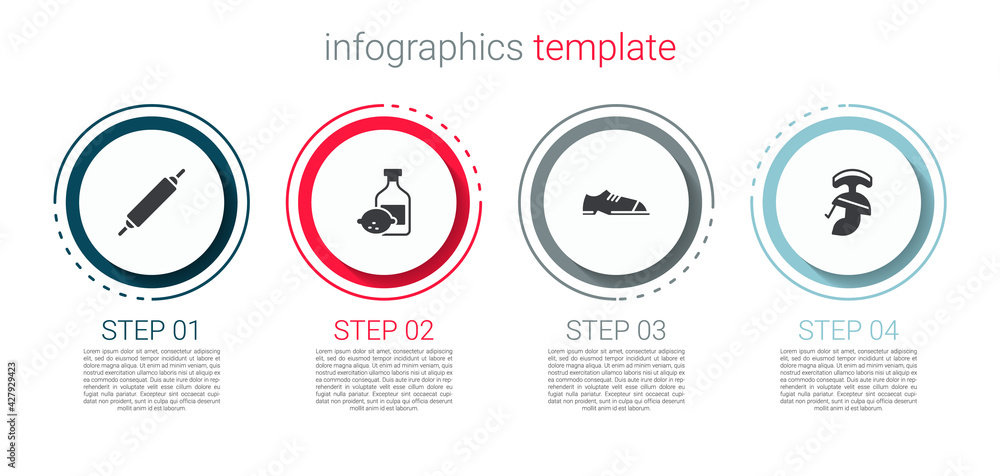Set Rolling pin, Limoncello bottle, Men shoes and Roman army helmet. Business infographic template. Vector Set Rolling pin, Limoncello bottle, Men shoes and Roman army helmet. Business infographic template. Vector