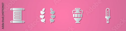 Set paper cut Decree, parchment, scroll, Laurel wreath, Ancient amphorae and Medieval sword icon. Paper art style. Vector