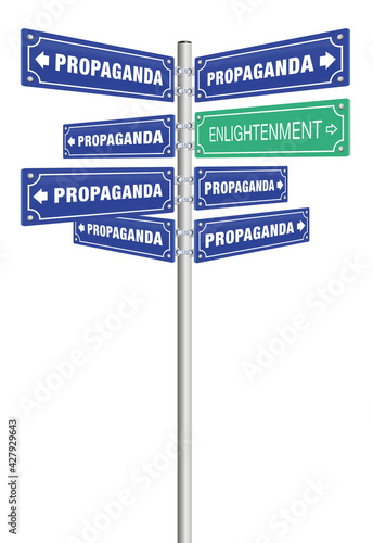 ENLIGHTENMENT PROPAGANDA traffic signs. Democracy or dictatorship, truth or lies in politics, facts or fake, verity or fraud, honesty or deception. Isolated vector illustration on white background.
