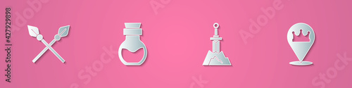 Set paper cut Crossed medieval spears, Poison in bottle, Sword the stone and Location king crown icon. Paper art style. Vector