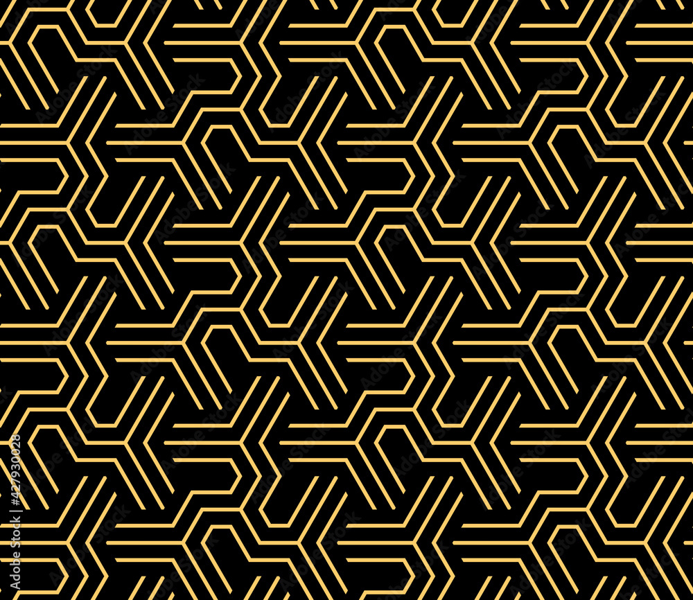 Abstract geometric pattern with stripes, lines. Seamless vector background. Gold and black ornament. Simple lattice graphic design Abstract geometric pattern with stripes, lines. Seamless vector background. Gold and black ornament. Simple lattice graphic design