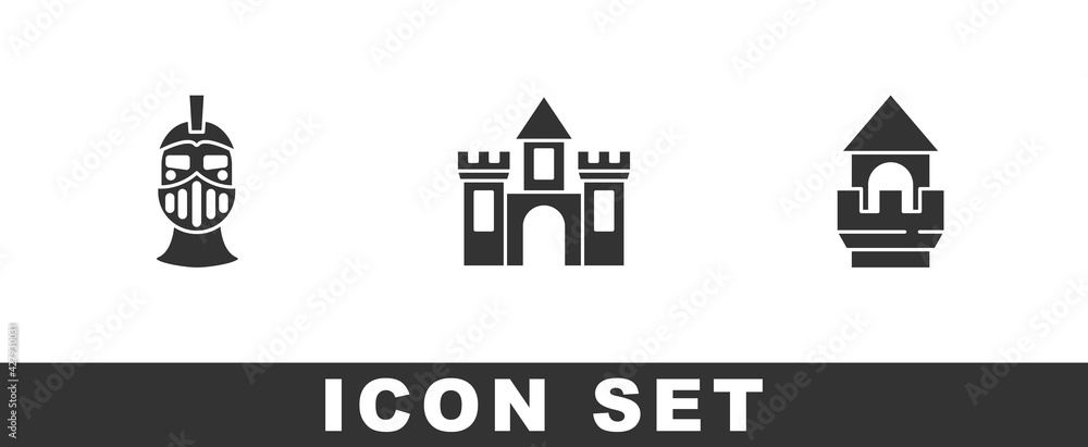 Set Medieval iron helmet, Castle, fortress and tower icon. Vector