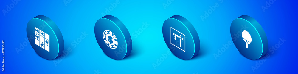 Set Isometric Board game of checkers, Bingo, Racket and Casino chip with dollar icon. Vector Set Isometric Board game of checkers, Bingo, Racket and Casino chip with dollar icon. Vector