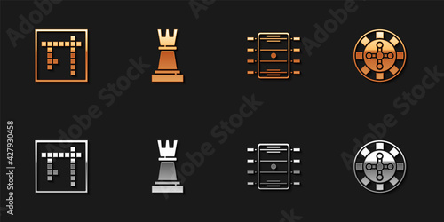 Set Bingo, Chess, Hockey table and Casino roulette wheel icon. Vector
