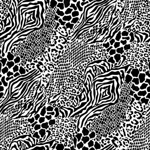 Wild animal skins patchwork wallpaper black and white fur abstract vector seamless pattern