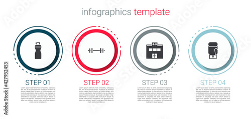 Set Fitness shaker, Barbell, Gym building and Boxing glove. Business infographic template. Vector