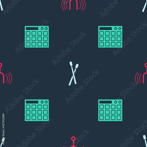 Set Musical tuning fork, Drum sticks and machine on seamless pattern. Vector