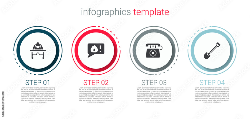 Set Firefighter helmet, Telephone call 911, and shovel. Business infographic template. Vector Set Firefighter helmet, Telephone call 911, and shovel. Business infographic template. Vector