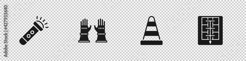 Set Flashlight, Firefighter gloves, Traffic cone and Evacuation plan icon. Vector