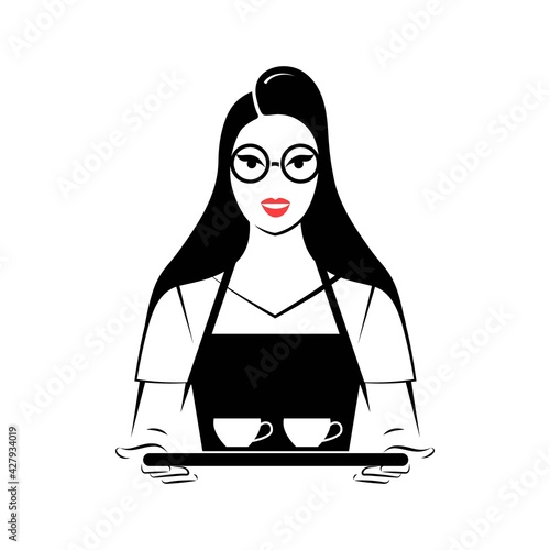 Waitress holding a tray with two cups of coffee or tea