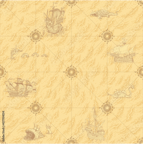 vector image of seamless texture of vintage nautical map in the style of medieval engravings