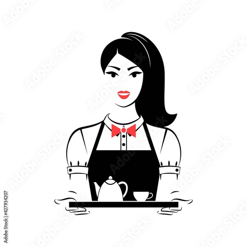 Waitress holding a tray with a cup of coffee or tea and a teapot or coffee pot