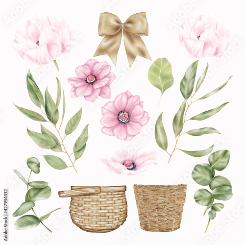 Summer white and pink poppy flowers, green leaves, straw basket, ribbon bow. Floral decoration


