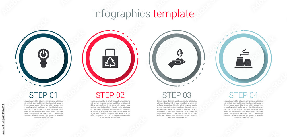 Set Light bulb with lightning, Paper bag recycle, Plant hand and Factory. Business infographic template. Vector Set Light bulb with lightning, Paper bag recycle, Plant hand and Factory. Business infographic template. Vector