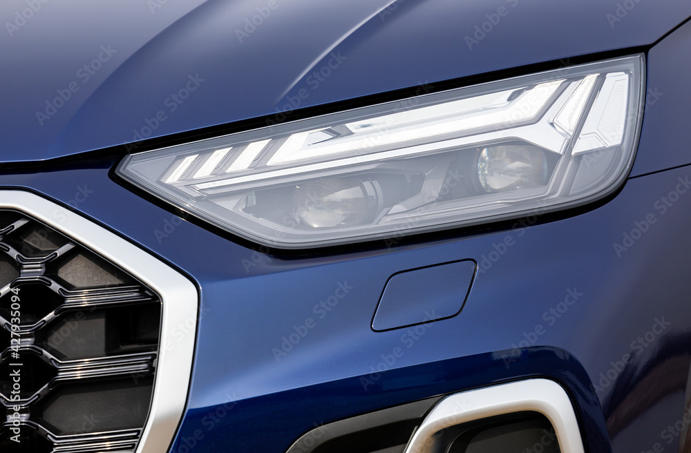 Front light of a blue car, LED technology