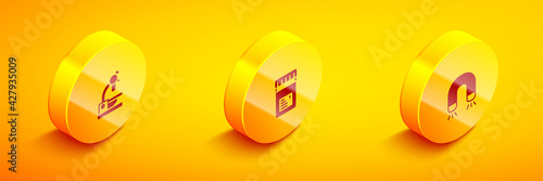 Set Isometric Microscope, Jar with additives and Magnet icon. Vector