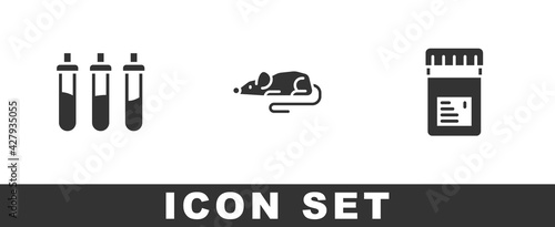 Set Reagent bottle, Experimental mouse and Jar with additives icon. Vector