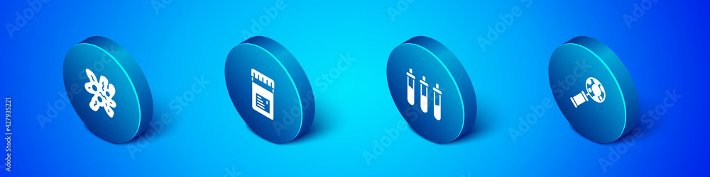 Set Isometric Cell, Reagent bottle, DNA research, search and Jar with additives icon. Vector Set Isometric Cell, Reagent bottle, DNA research, search and Jar with additives icon. Vector