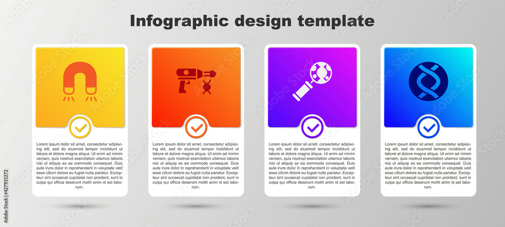 Set Magnet, Transfer liquid gun, DNA research, search and symbol. Business infographic template. Vector Set Magnet, Transfer liquid gun, DNA research, search and symbol. Business infographic template. Vector